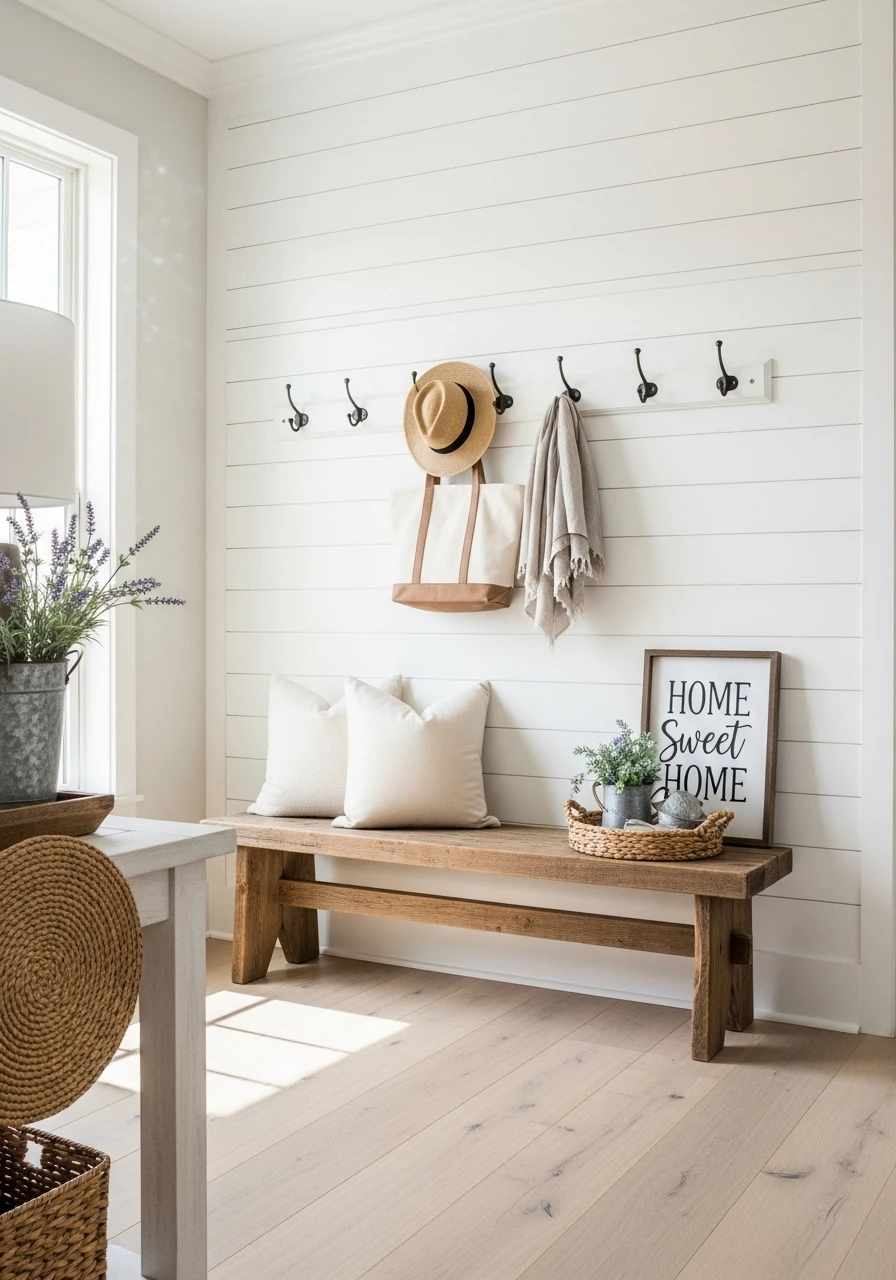 White shiplap accent wall in farmhouse style entryway