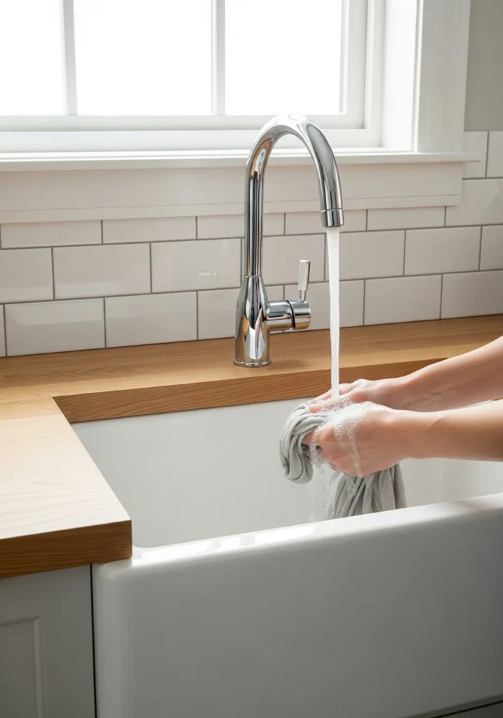 White farmhouse sink in laundry room for hand washing clothes
