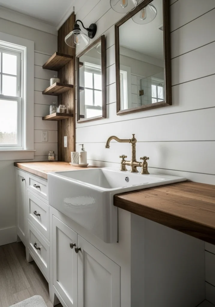 White farmhouse bathroom vanity with apron front sink and shiplap walls