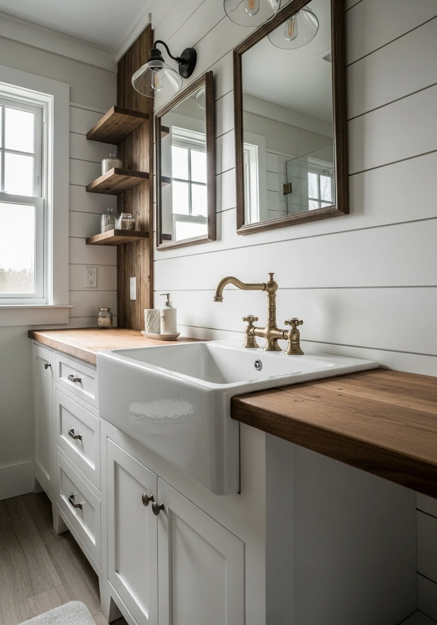 White farmhouse bathroom vanity with apron front sink and shiplap walls