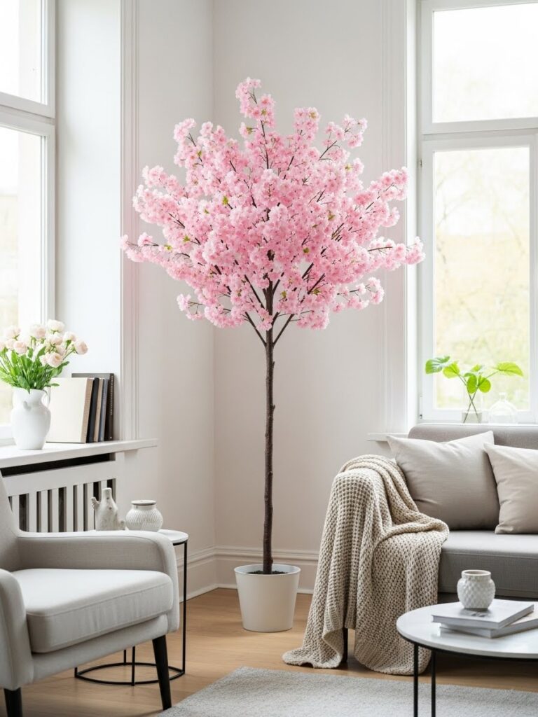 Faux cherry blossom tree creating a dramatic spring focal point in a living room