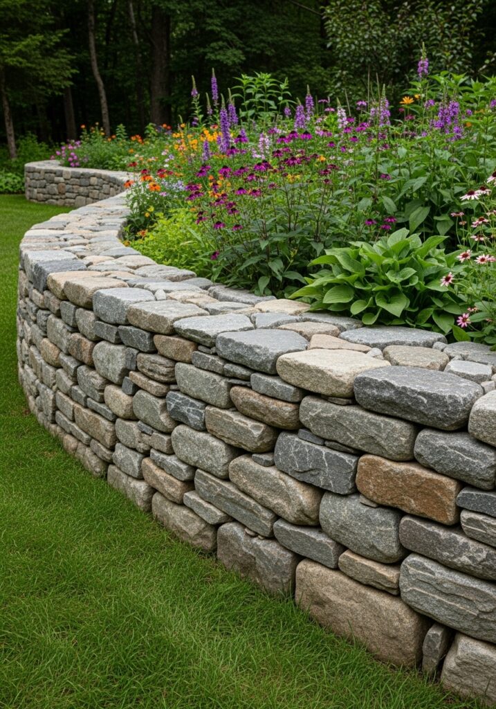  Natural fieldstone dry-stacked creating traditional garden border wall