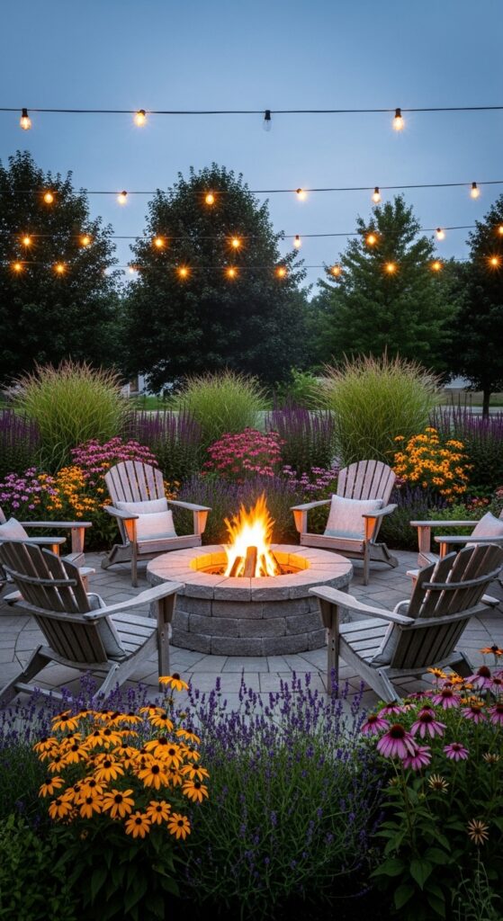Stone fire pit gathering space surrounded by comfortable seating and garden beds at dusk