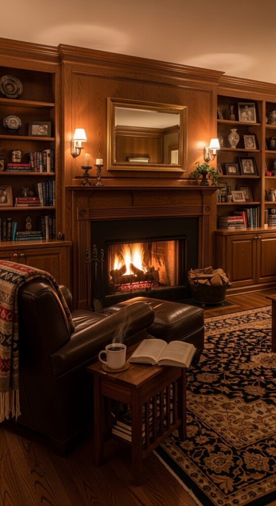 Cozy reading chair beside fireplace with built-in bookshelves flanking both sides