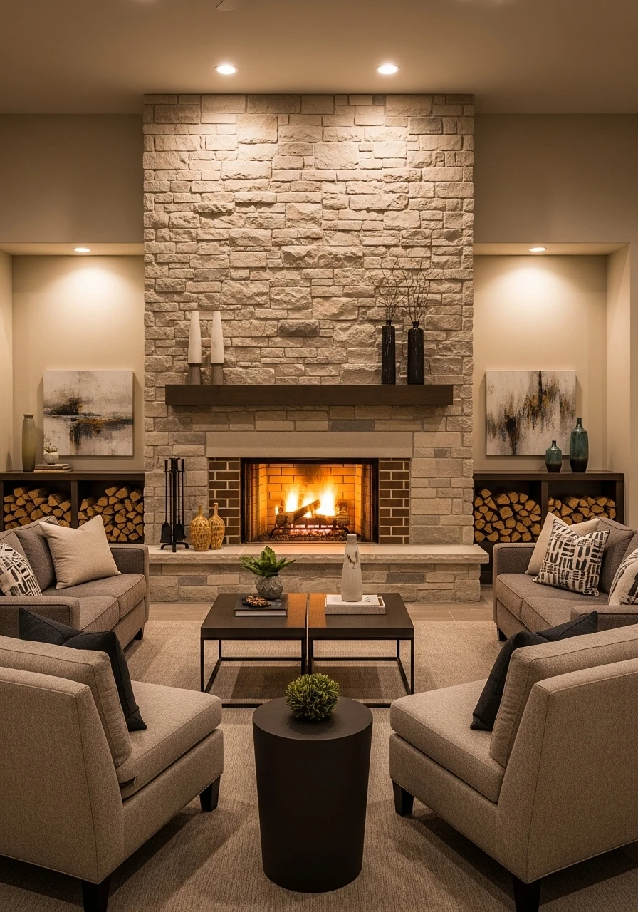 Living room designed around stone fireplace focal point