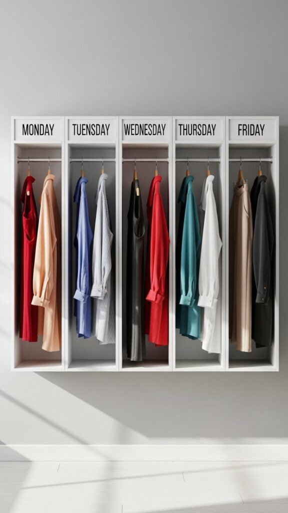 Five-day outfit station with labeled cubbies showing complete daily outfits for kids