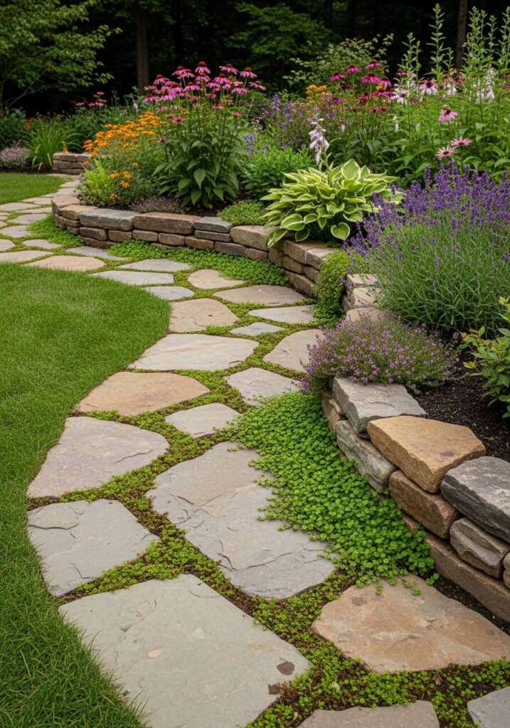 Irregular flagstone pieces creating naturalistic crazy paving garden border