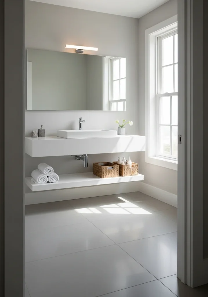 Wall-mounted floating bathroom vanity with open shelving and modern design