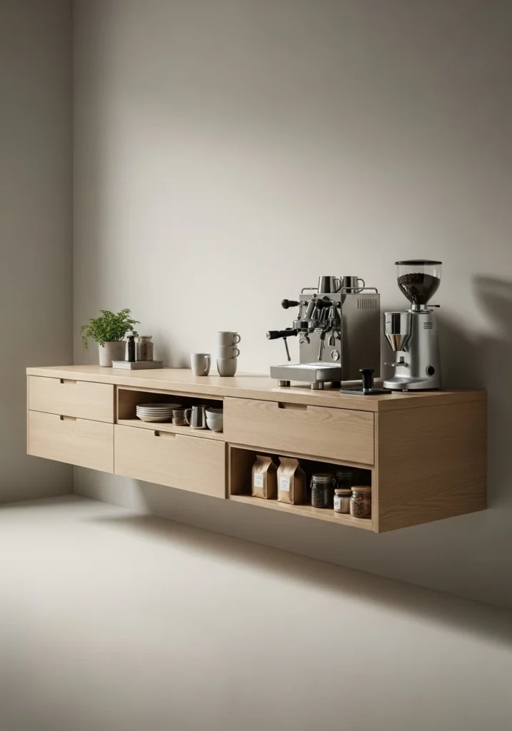 Wall-mounted floating counter coffee bar with hidden bracket support and underneath storage