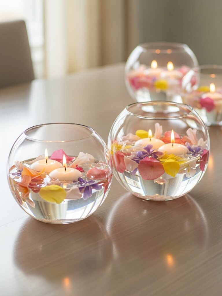Floating flower petals with candles creating soft and elegant spring table decor indoors