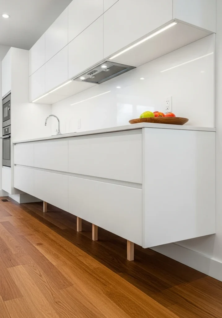 Modern floating kitchen base cabinets with open space underneath