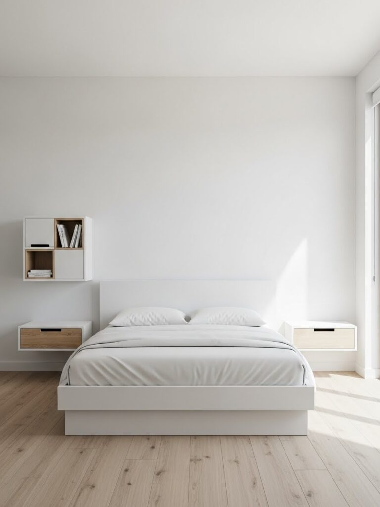 White minimalist bedroom with floating nightstands and open floor space