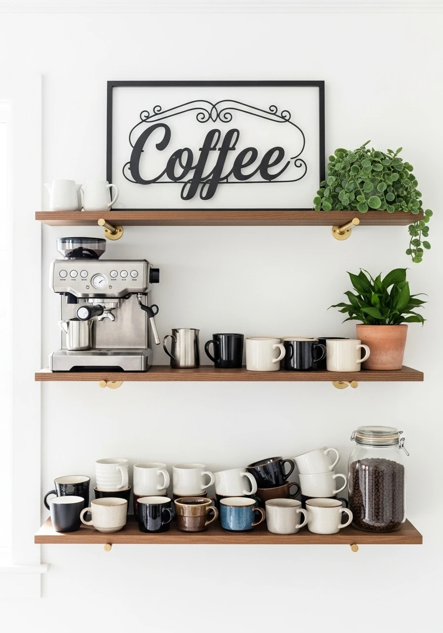  Staggered floating shelves coffee bar with espresso machine, mugs, and decorative sign

