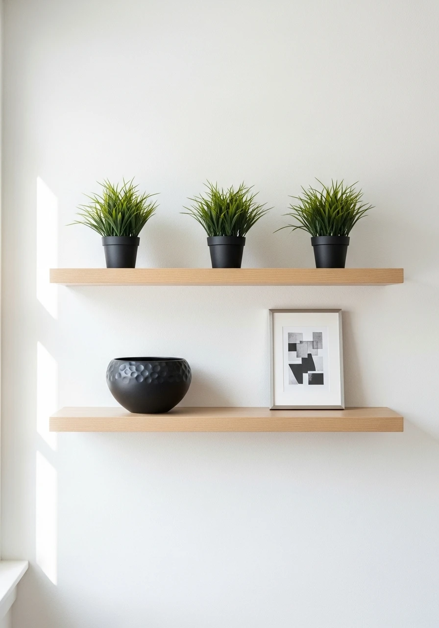 Minimal entryway with floating shelves and simple decor