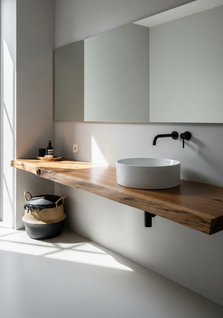 Thick wooden floating shelf vanity with vessel sink and wall-mounted faucet