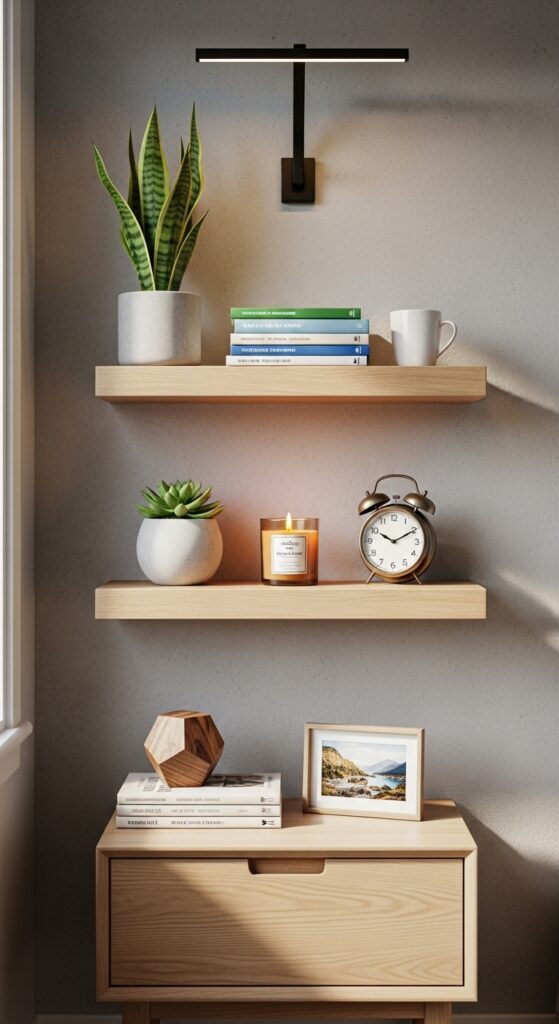 Bedroom floating shelves displaying plants, books, and decorative objects above nightstand