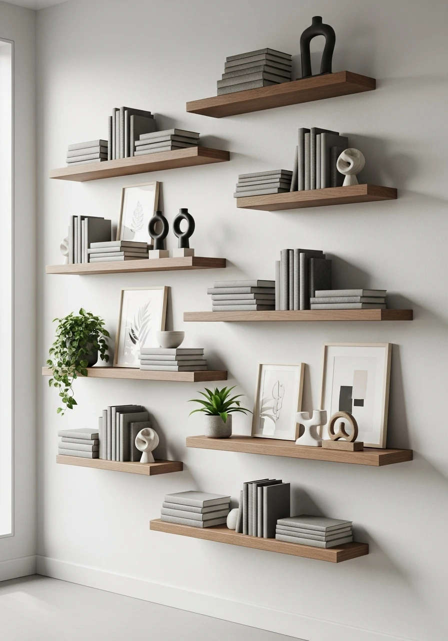 Floating shelves styled with books and decor on living room wall