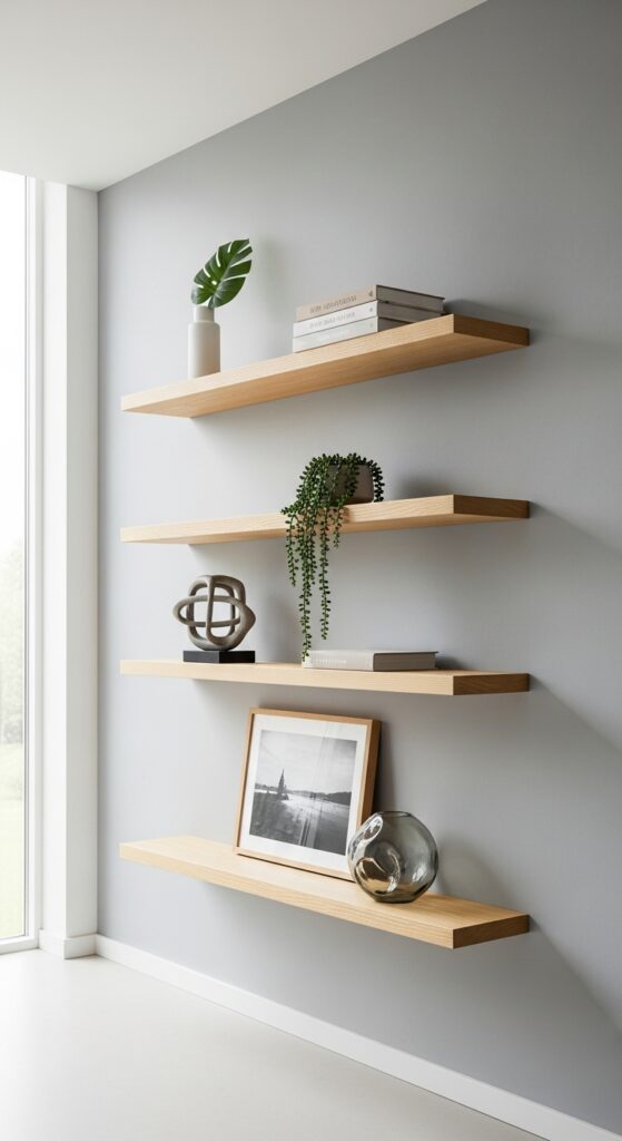 Modern floating shelves with minimal styling creating clean contemporary look