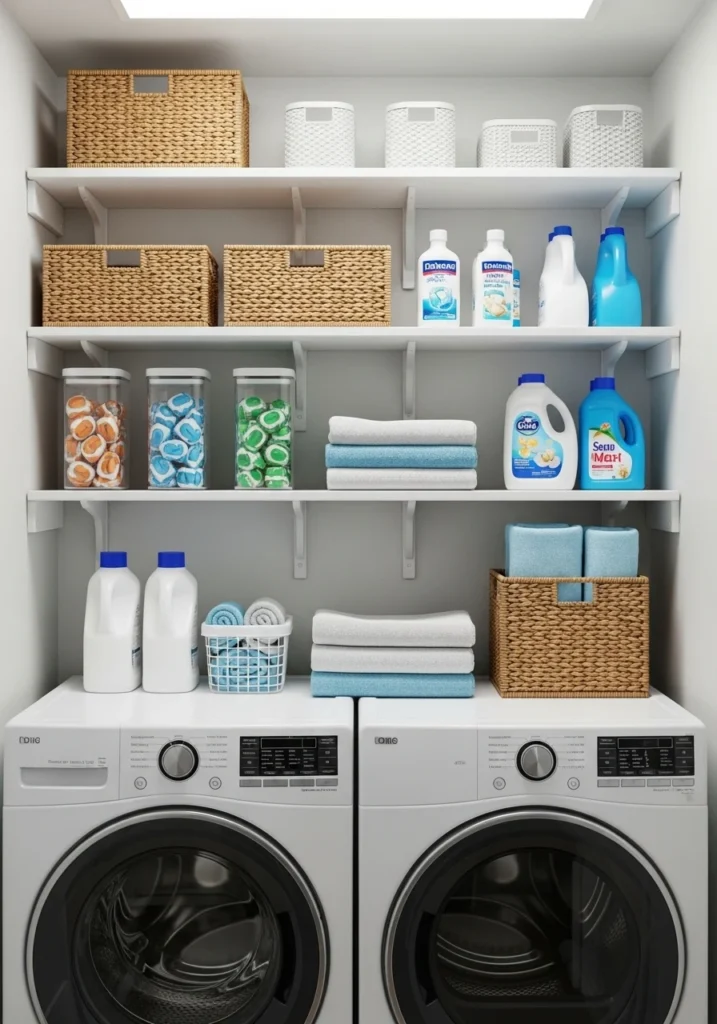 Floating shelves maximizing vertical wall space above machines