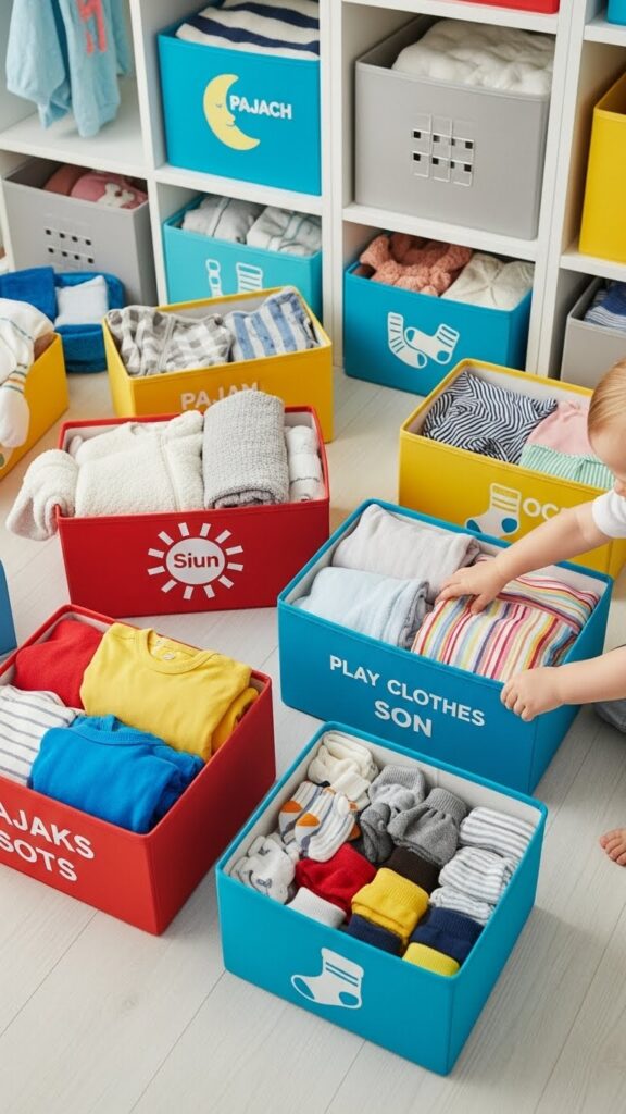 Floor-level bins providing easy toddler access to clothing categories