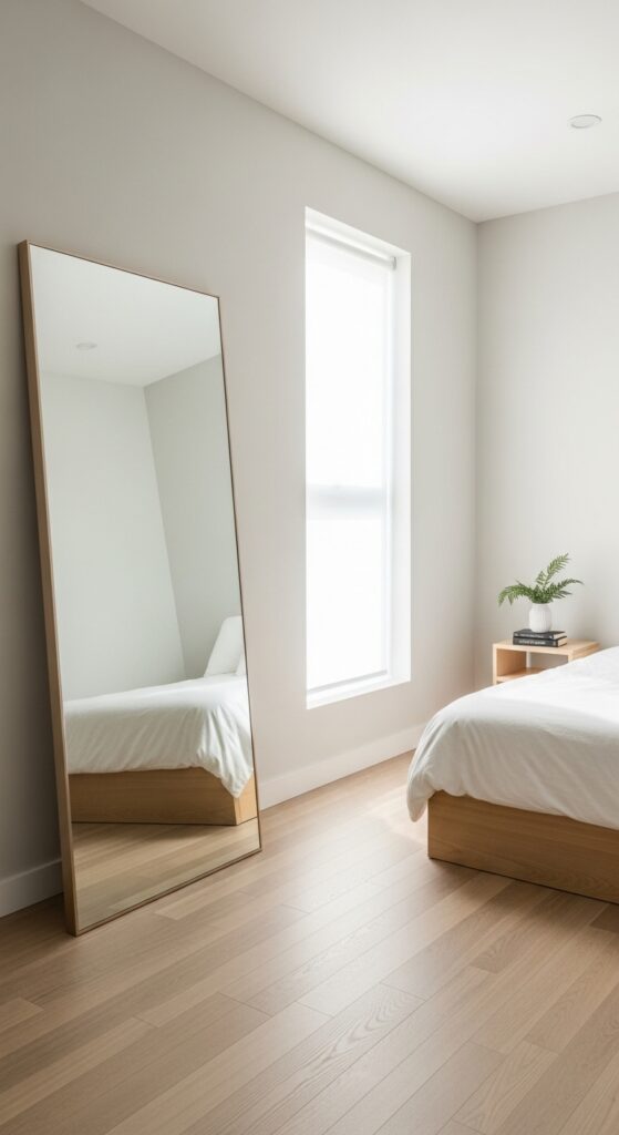 Small bedroom with large floor mirror reflecting light and creating illusion of more space