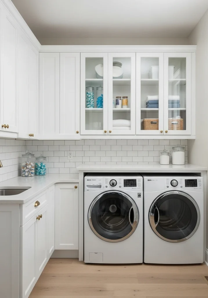 Floor to ceiling white cabinets in organized laundry room
