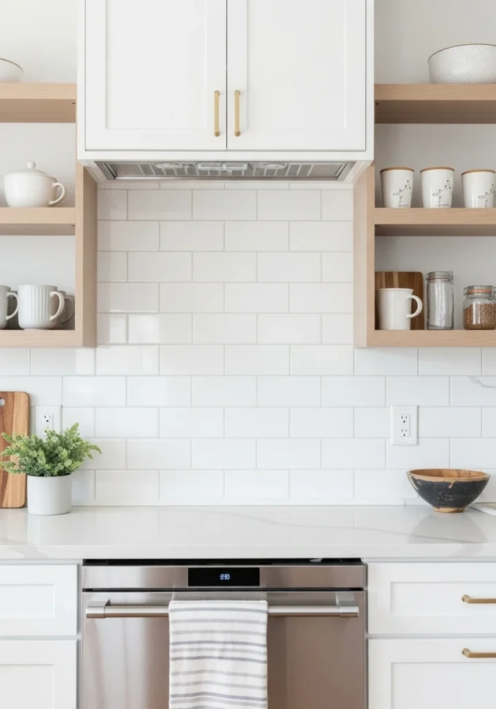 Kitchen with white subway tile backsplash extending from counter to ceiling