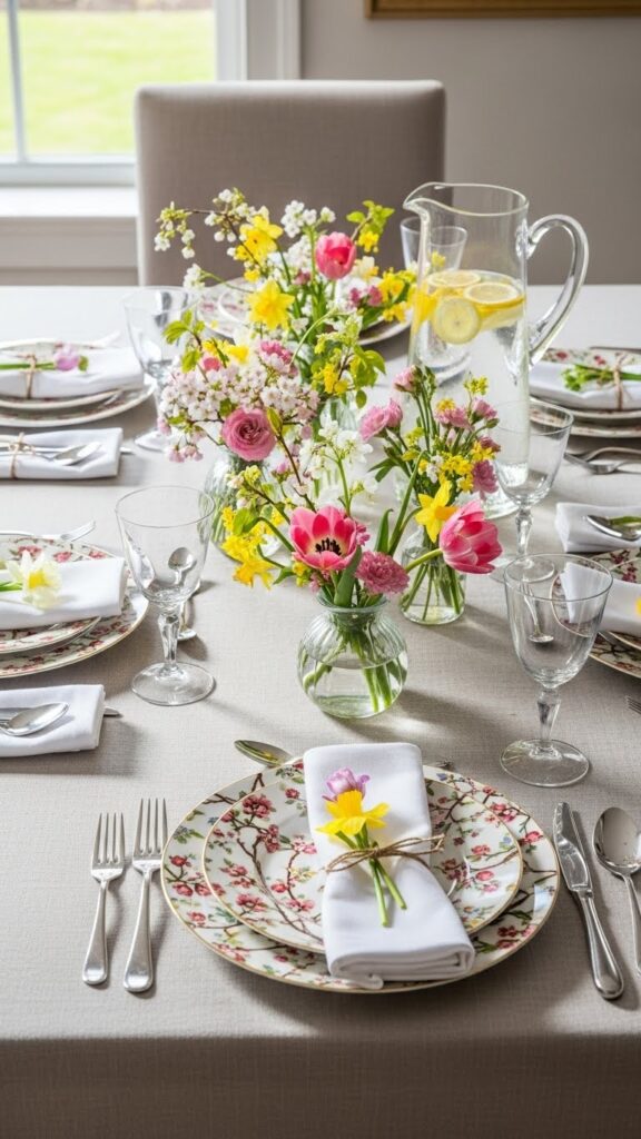 Floral patterned plates creating a statement spring tablescape