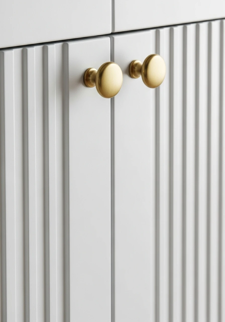 Close-up of white fluted kitchen cabinet doors with vertical groove texture