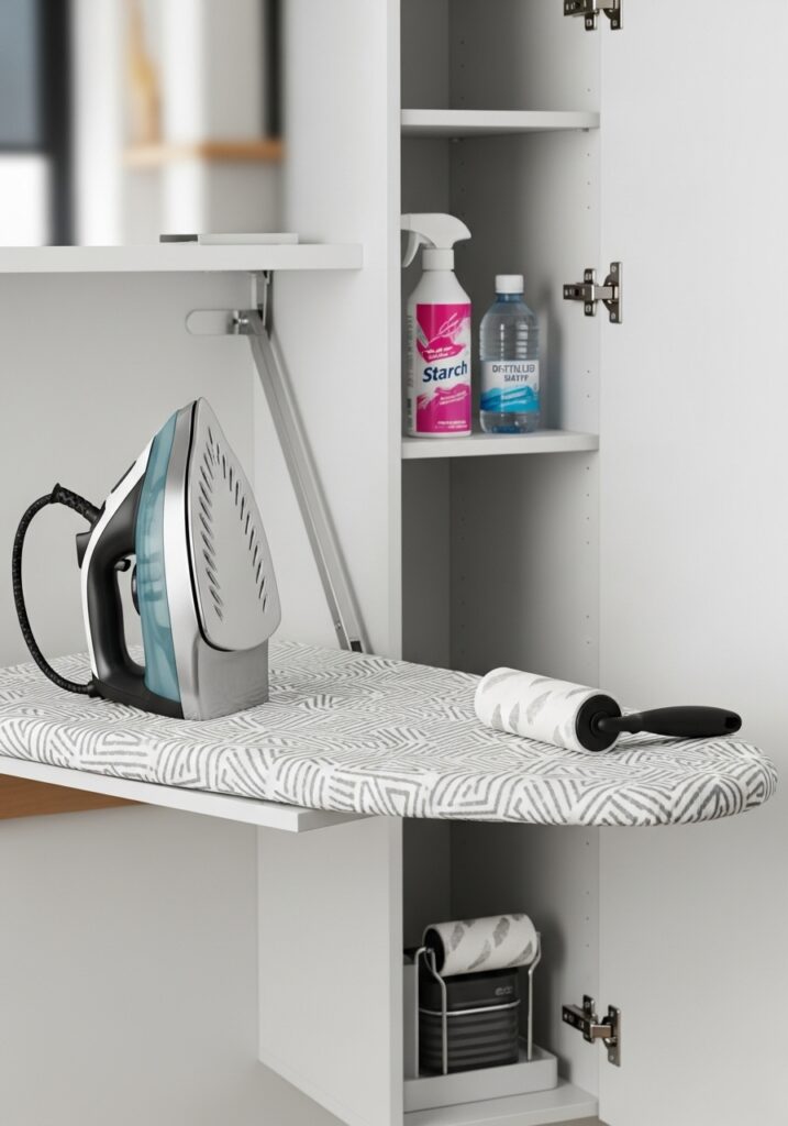 Fold down ironing board mounted in cabinet with iron storage