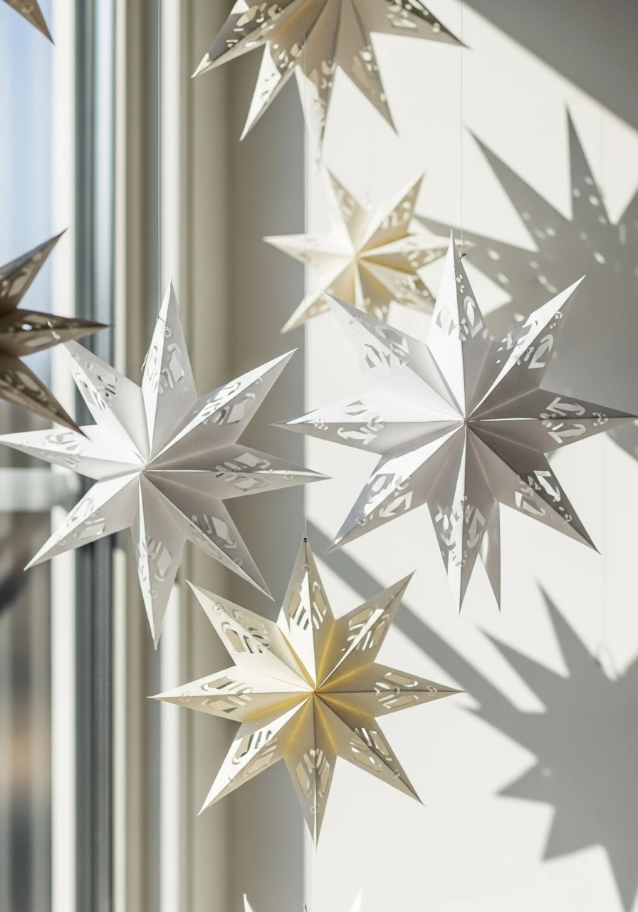 White folded paper stars hanging in window backlit by natural light