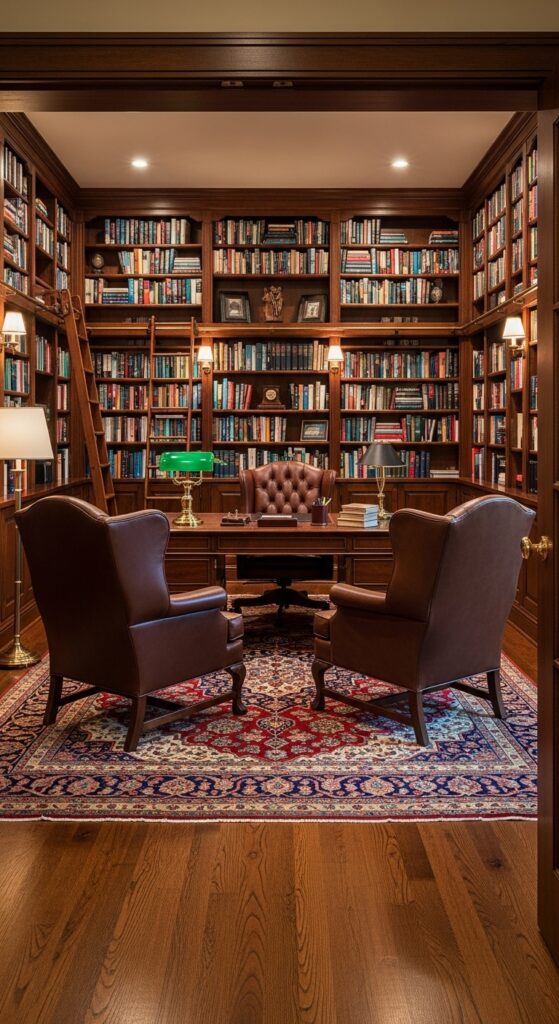 Formal home library reading room with floor to ceiling bookshelves, leather chairs, and traditional decor
