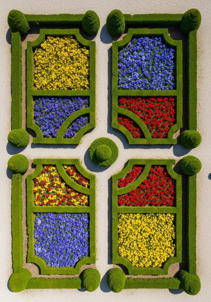  Formal parterre garden design with geometric boxwood hedge patterns viewed from above