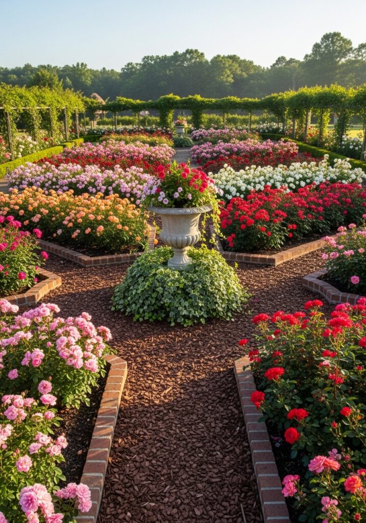 Formal rose garden with symmetrical geometric beds and central focal point

