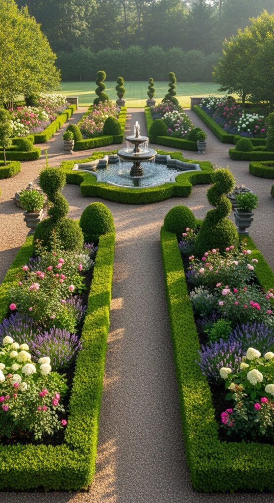  Formal symmetrical backyard garden with boxwood hedges, central fountain, and geometric layout