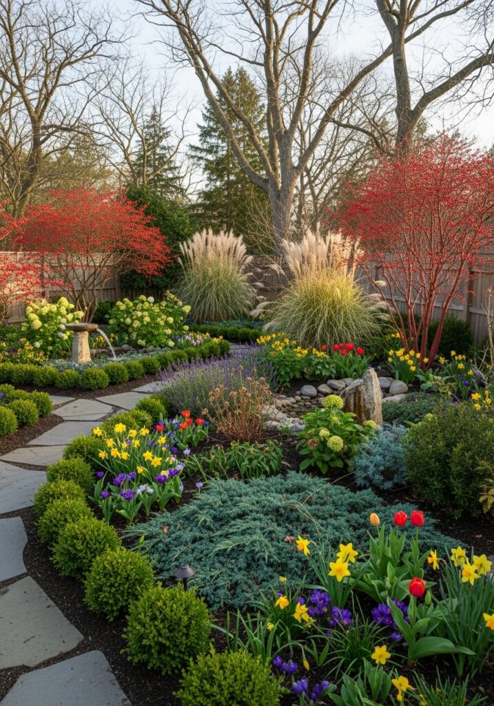  Four-season garden design with plants providing interest throughout the year


