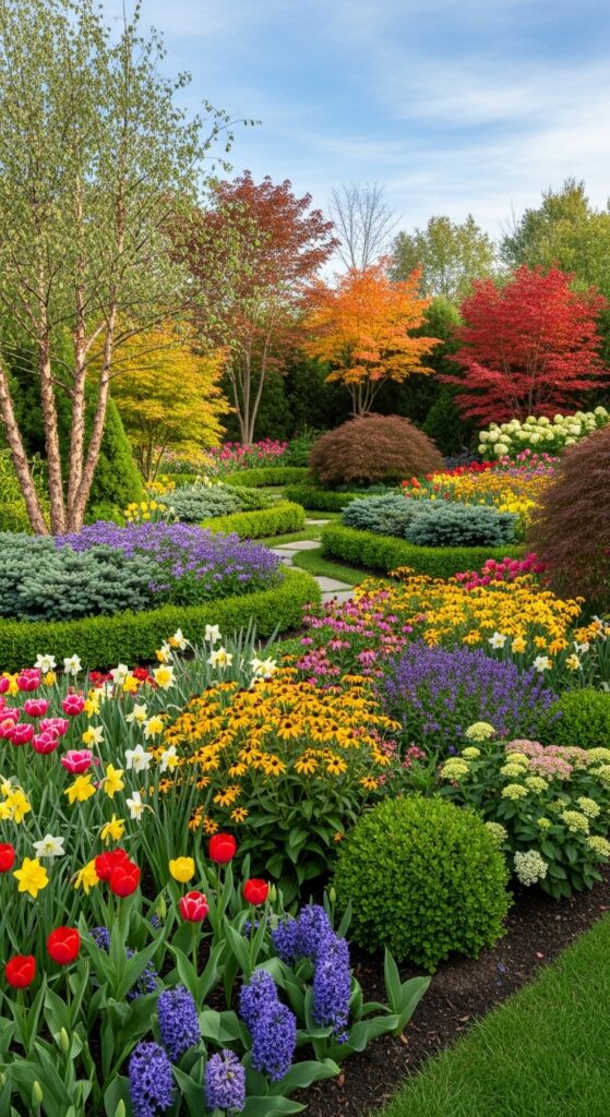 Four-season garden featuring plants for year-round interest from bulbs to evergreens