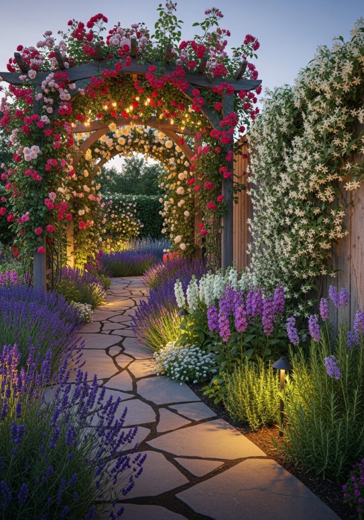 Fragrance garden design with lavender, roses, and scented plants along pathway