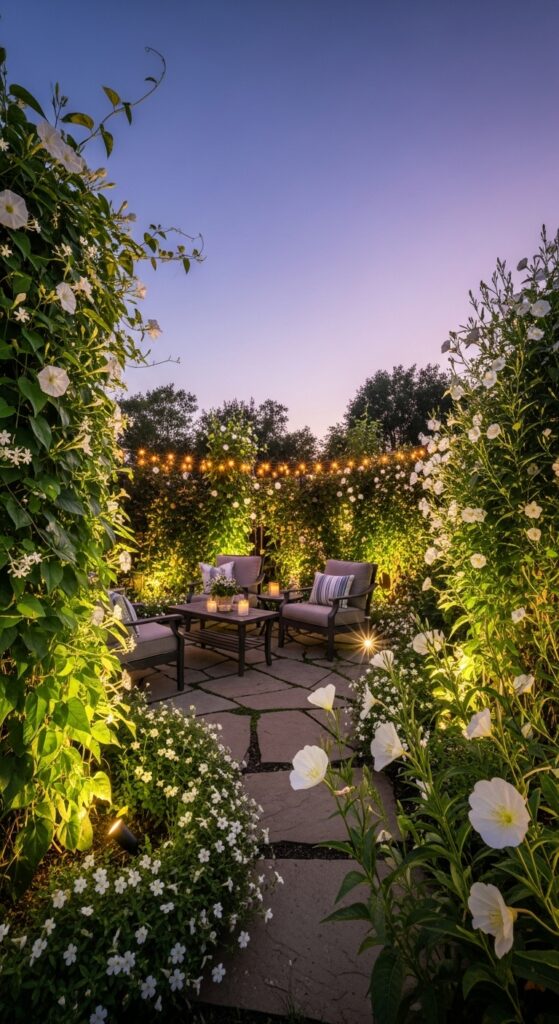 Evening garden with night-blooming jasmine and moonflowers at dusk