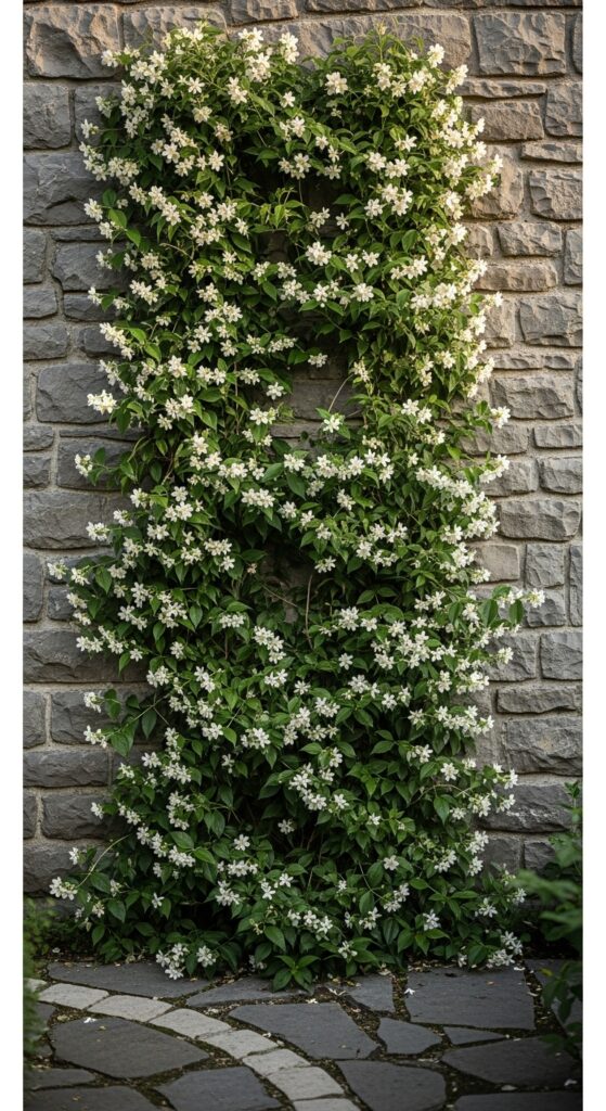  White star-shaped jasmine blooms covering stone garden wall with climbing vines