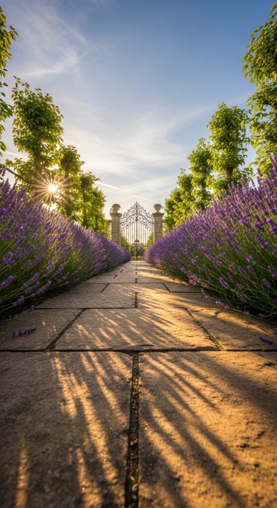  Purple lavender plants lining both sides of stone pathway creating fragrant garden walkway