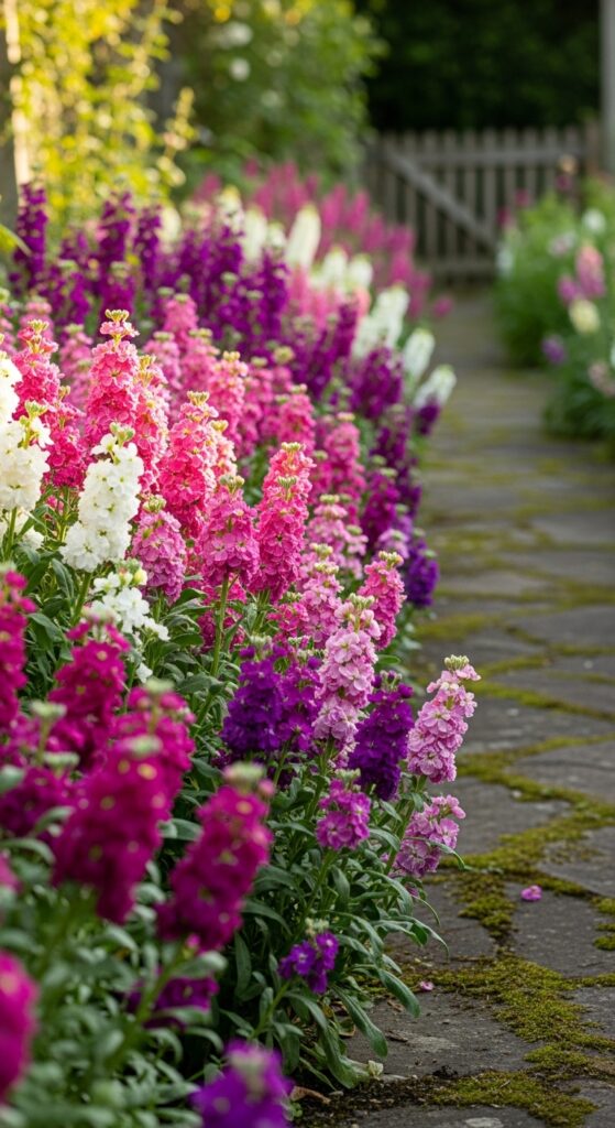 Dense flower spikes of stock in pink, purple, and white along pathway creating fragrant border