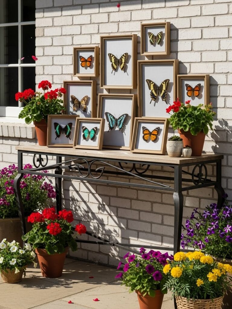 Framed butterfly crafts styled as spring outdoor decor