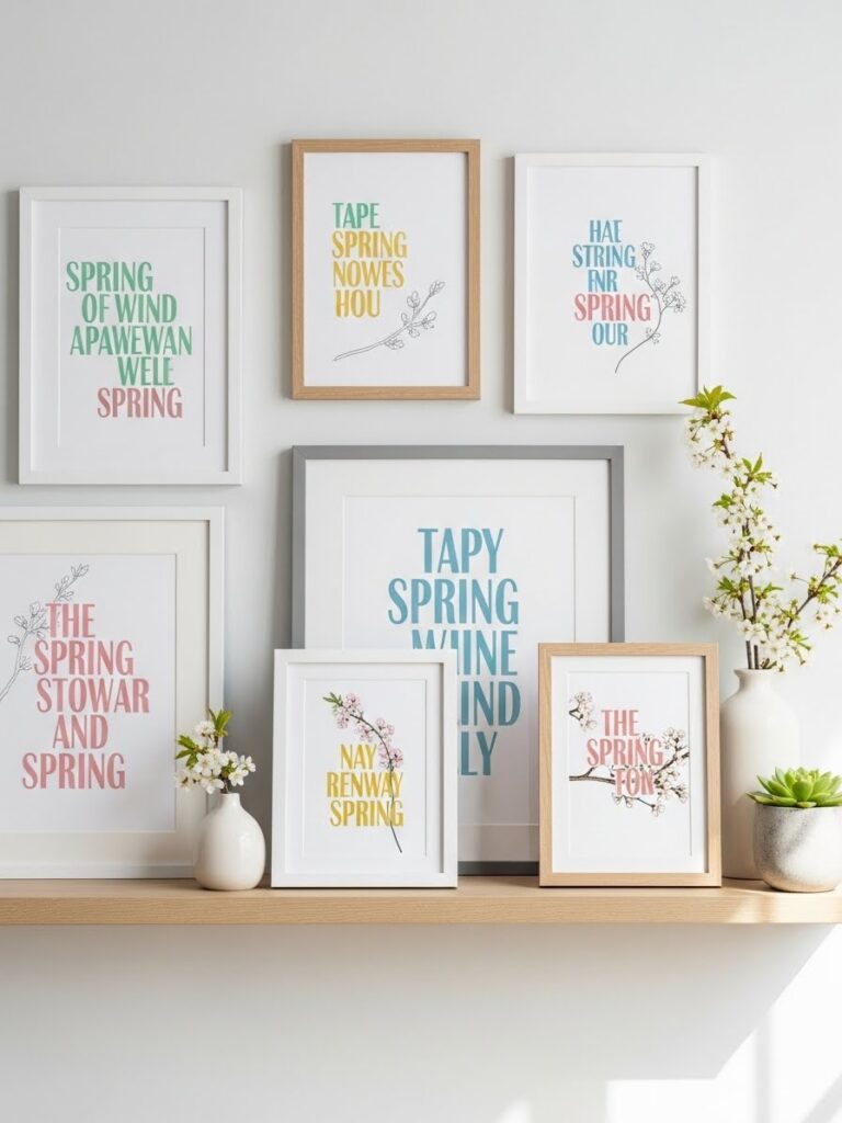 Framed spring quotes and typography styled as seasonal home decor