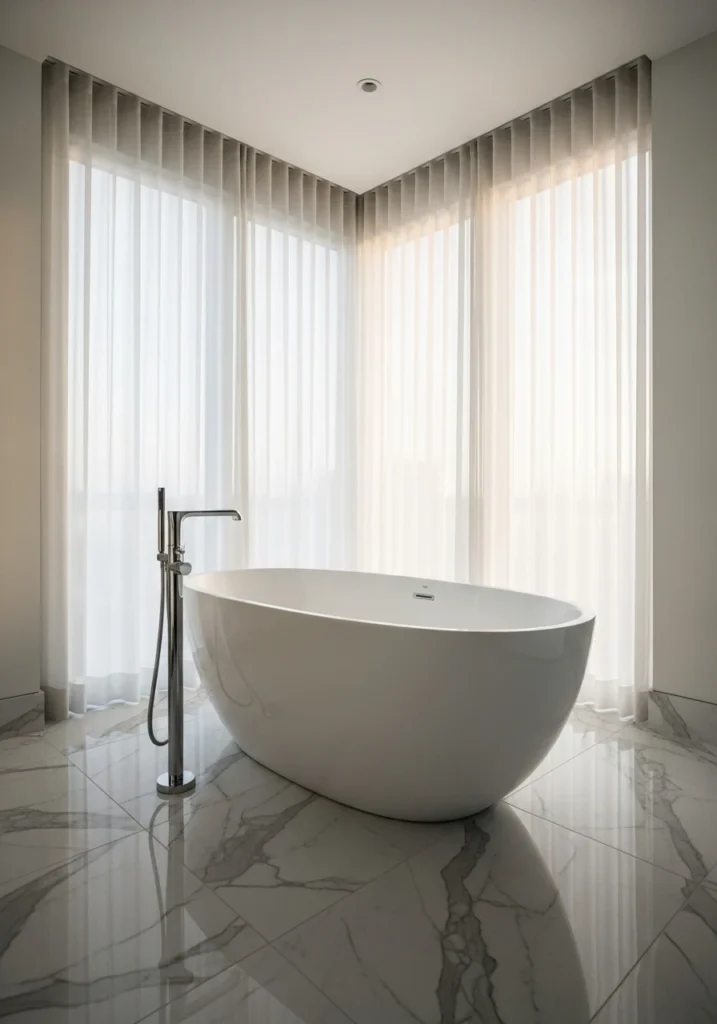 Freestanding white soaking tub as bathroom centerpiece with marble flooring