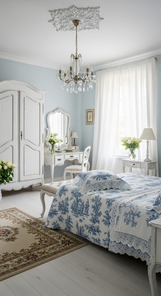 French country bedroom with distressed white furniture and toile bedding