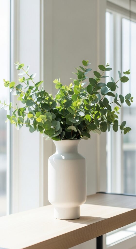  Fresh eucalyptus branches in white vase on shelf bringing natural beauty