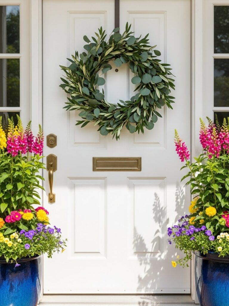 Fresh greenery spring wreath on a clean front door with colorful flowers in side planters