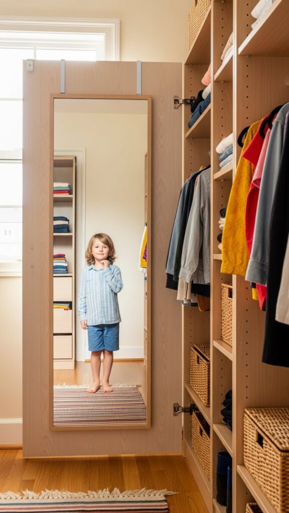 Full-length mirror in kids closet area helping children check their outfits independently