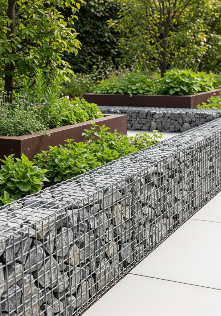 Modern gabion wall filled with stones creating substantial garden border